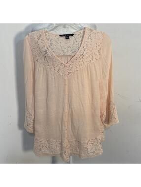 Zac & Rachel Pink Lace Trim V Neck Boho Peasant Blouse Top Plus Size Med